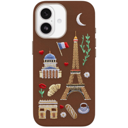 A brown phone case features embroidery of French-themed motifs, including the Eiffel Tower, Arc de Triomphe, a croissant, baguette, coffee cup, French flag, moon, flowers, and hearts.