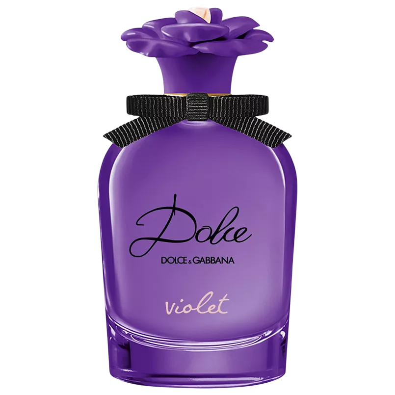 Dolce & Gabbana Violet perfume with a purple floral cap and black ribbon bow ornamentation.