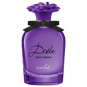 Dolce & Gabbana Violet perfume with a purple floral cap and black ribbon bow ornamentation.