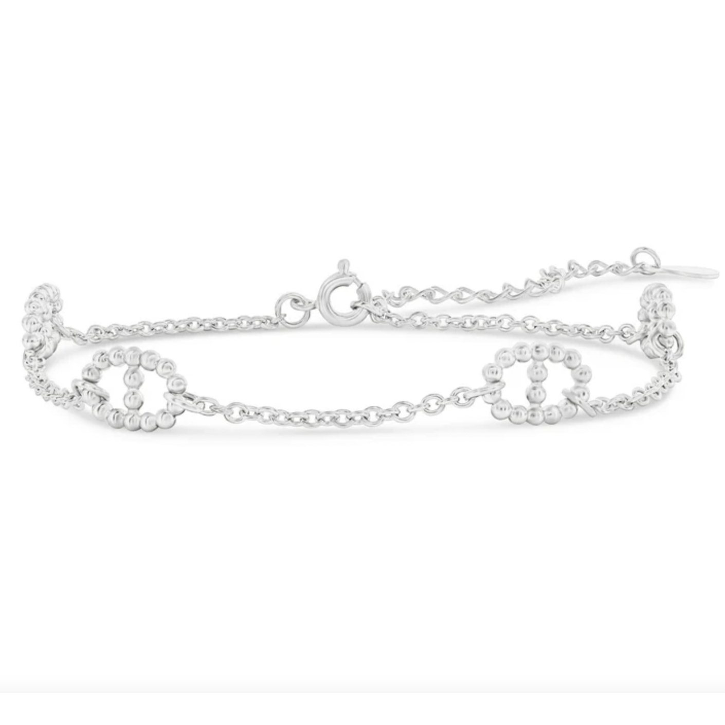 Silver ankle bracelet with a mix of link and beaded designs, featuring a lobster clasp closure.