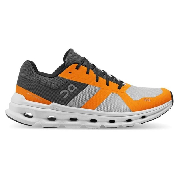 Athletic running shoe in grey, orange, and white color scheme, featuring a thick cushioned sole and the logo “ON.”