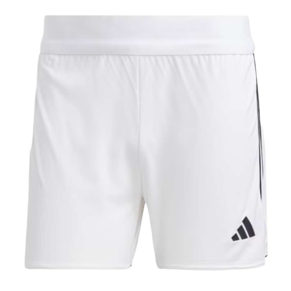 White athletic shorts with a black Adidas logo on the front and black stripes along the sides.