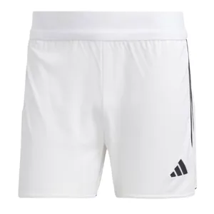 White athletic shorts with a black Adidas logo on the front and black stripes along the sides.