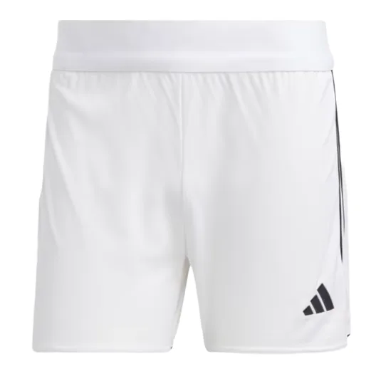 White athletic shorts with a black Adidas logo on the front and black stripes along the sides.