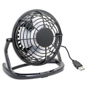 A black USB-powered mini desk fan with a metal grille and adjustable stand.
