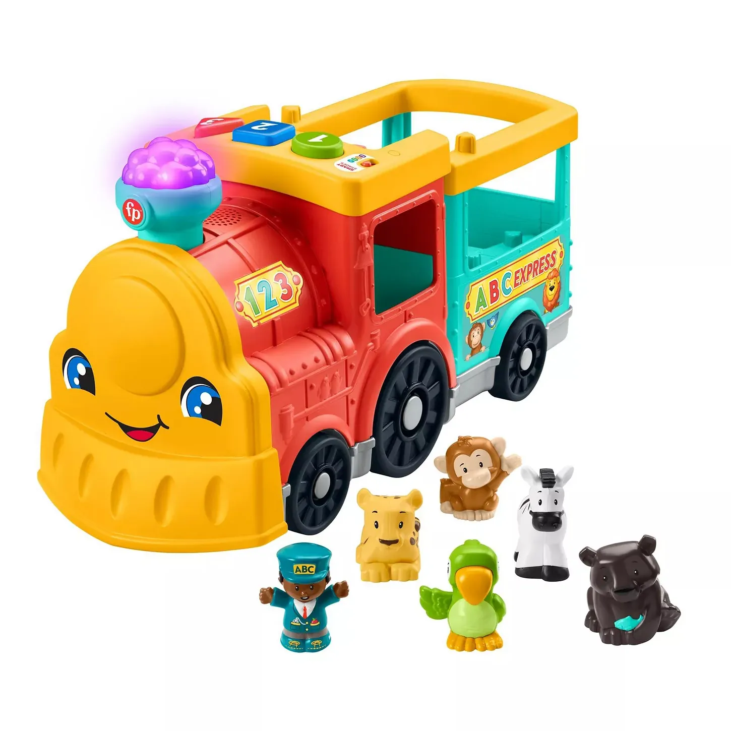A colorful children's toy train with smiling face, labeled \“ABC Express\“ and \“123\“, featuring light-up elements and six accompanying animal and conductor figurines.