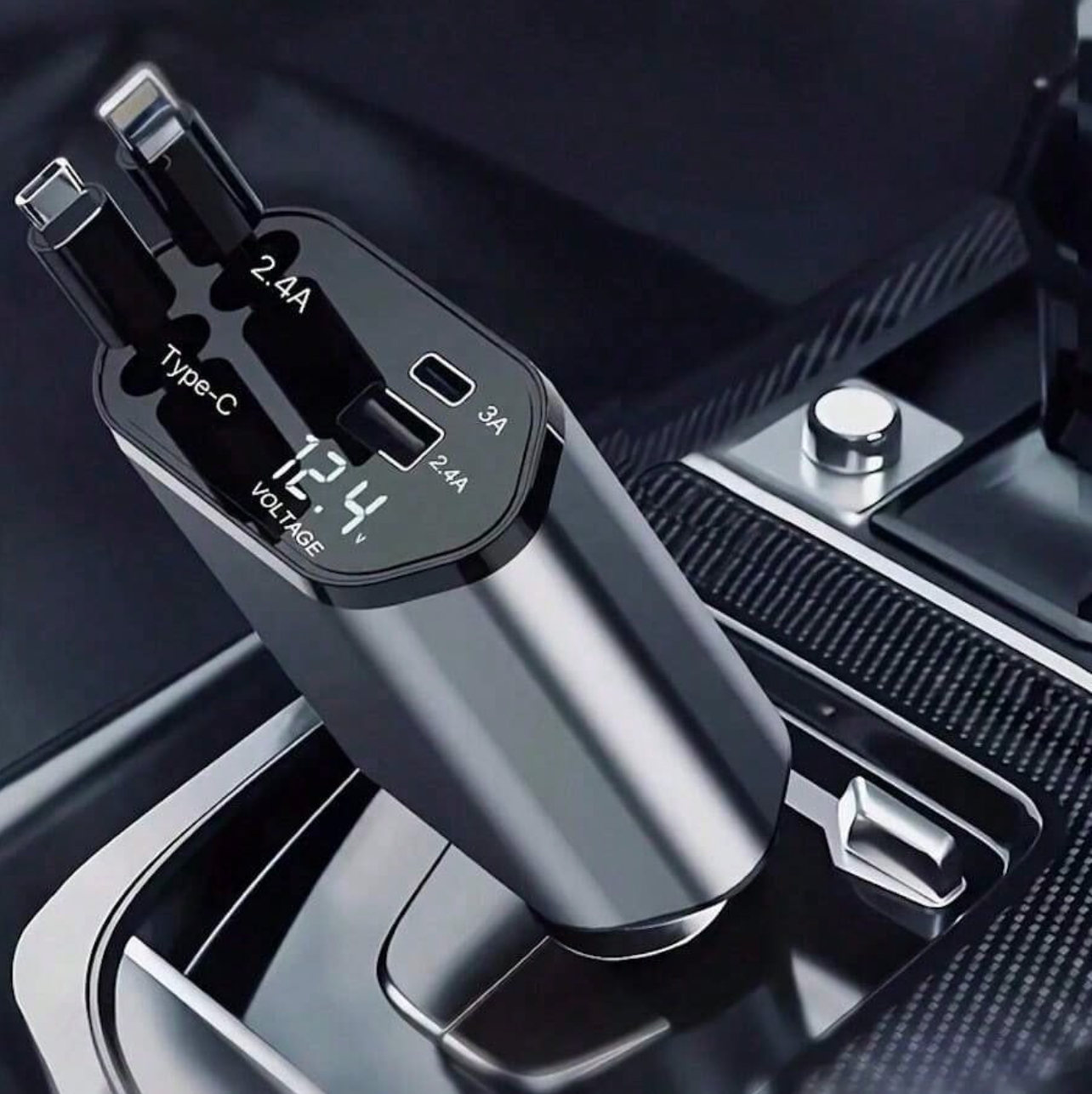 A car charger with multiple charging ports, including a Type-C and USB ports, is displayed featuring charging capacities of 2.4A, 3A, and a digital voltage display reading 12.4V.