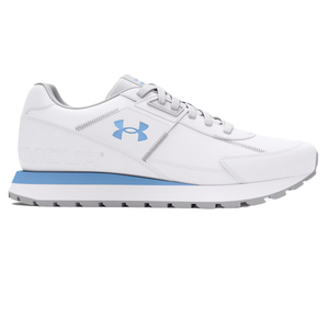 White athletic shoe with grey and light blue accents, featuring the Under Armour logo on the side and a textured outsole for traction.