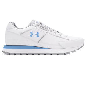 White athletic shoe with grey and light blue accents, featuring the Under Armour logo on the side and a textured outsole for traction.