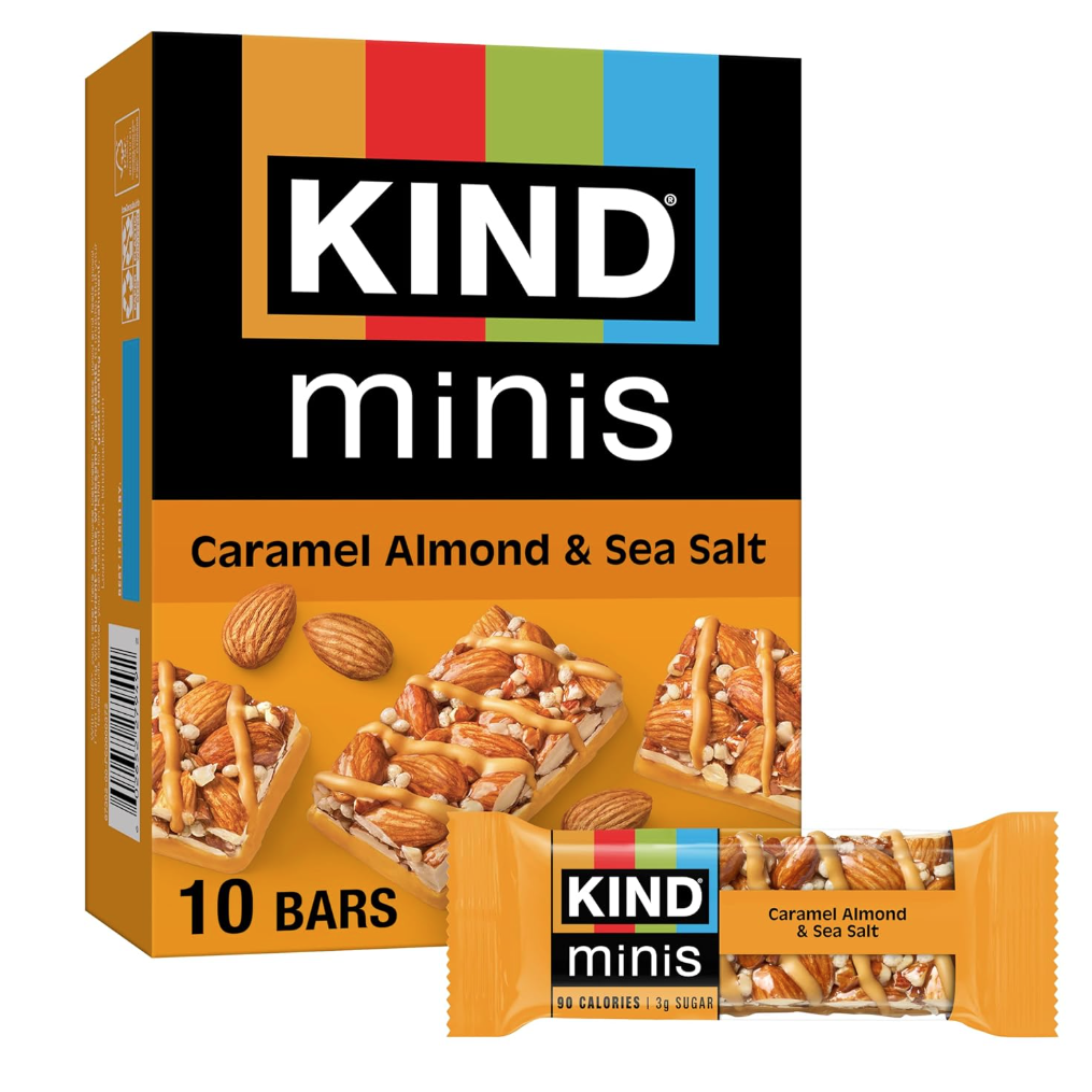 KIND Minis snack bars, Caramel Almond & Sea Salt flavor, in a pack of 10, each containing 90 calories and 3g of sugar.