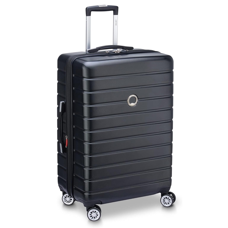 A black hard-shell suitcase with four multi-directional wheels and a telescopic handle.