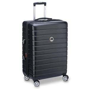 A black hard-shell suitcase with four multi-directional wheels and a telescopic handle.