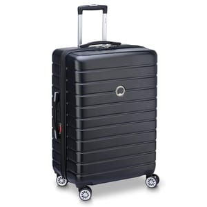 A black hard-shell suitcase with four multi-directional wheels and a telescopic handle.