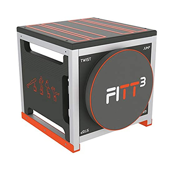Multifunctional fitness cube with exercise diagrams, designed for twisting, jumping, and other workouts.