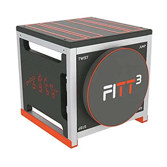 Multifunctional fitness cube with exercise diagrams, designed for twisting, jumping, and other workouts.