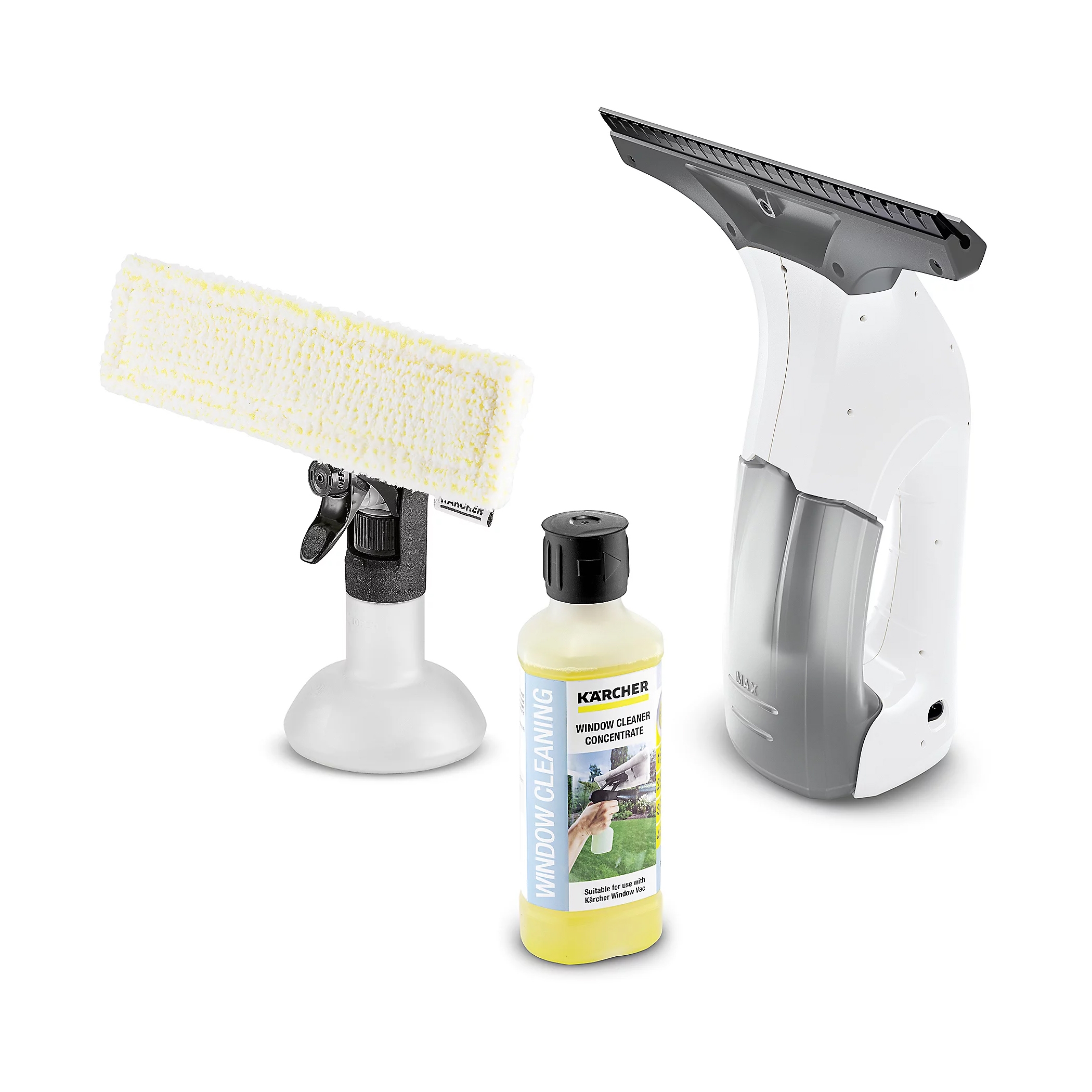A Karcher window cleaning kit with a squeegee, microfiber spray bottle, and window cleaner concentrate for streak-free cleaning.