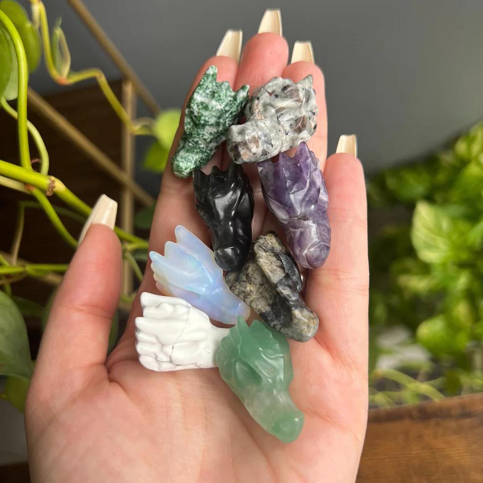 Hand holding a variety of small, intricately carved crystal dragon heads in different colors and types of stones, placed against a background of green plants.