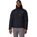 A man wearing a black Columbia hooded jacket and light gray pants.