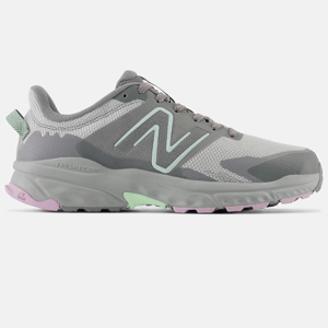 A pair of gray New Balance running shoes with green and pink accents.