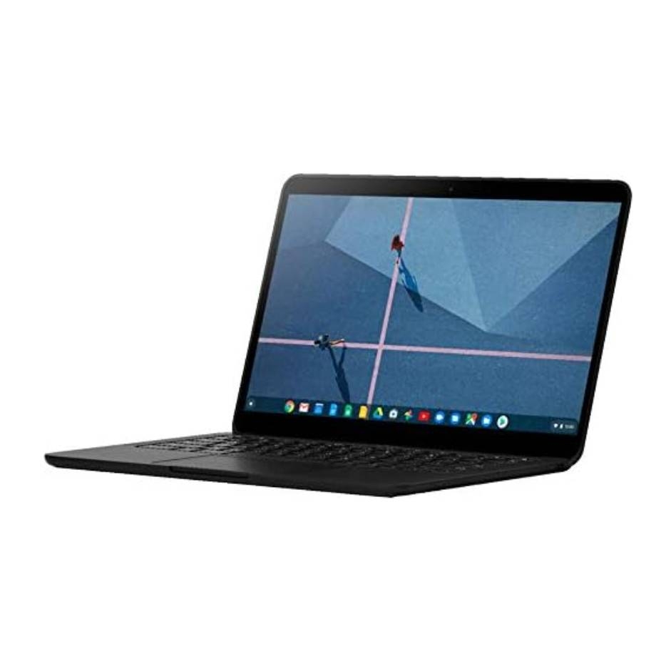 A Google Pixelbook Go Chromebook with a 13.3\“ display, minimalistic black design, featuring a sleek keyboard and a screen displaying a simple geometric wallpaper.