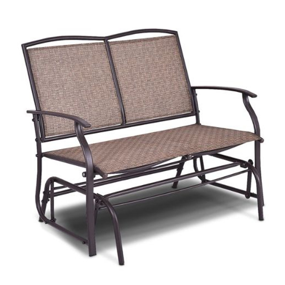 Brown metal rocking patio glider with textured seat and backrest, featuring curved armrests and a sturdy frame for outdoor seating.
