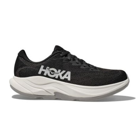 Hoka Rincon 4 Men's Shoes feature a sleek black mesh upper with a large white Hoka logo, offering lightweight cushioning and support with a thick white midsole designed for running.
