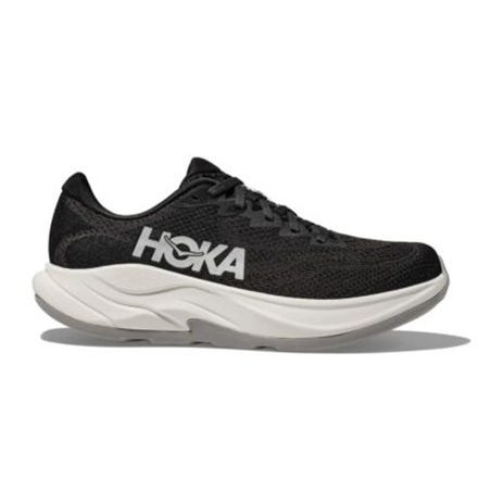 Hoka Rincon 4 Men's Shoes feature a sleek black mesh upper with a large white Hoka logo, offering lightweight cushioning and support with a thick white midsole designed for running.