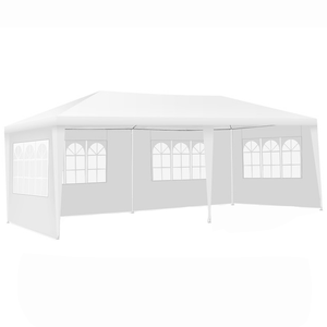 20' x 10' white party gazebo with detachable side walls featuring arched windows, providing spacious covered areas for outdoor events.