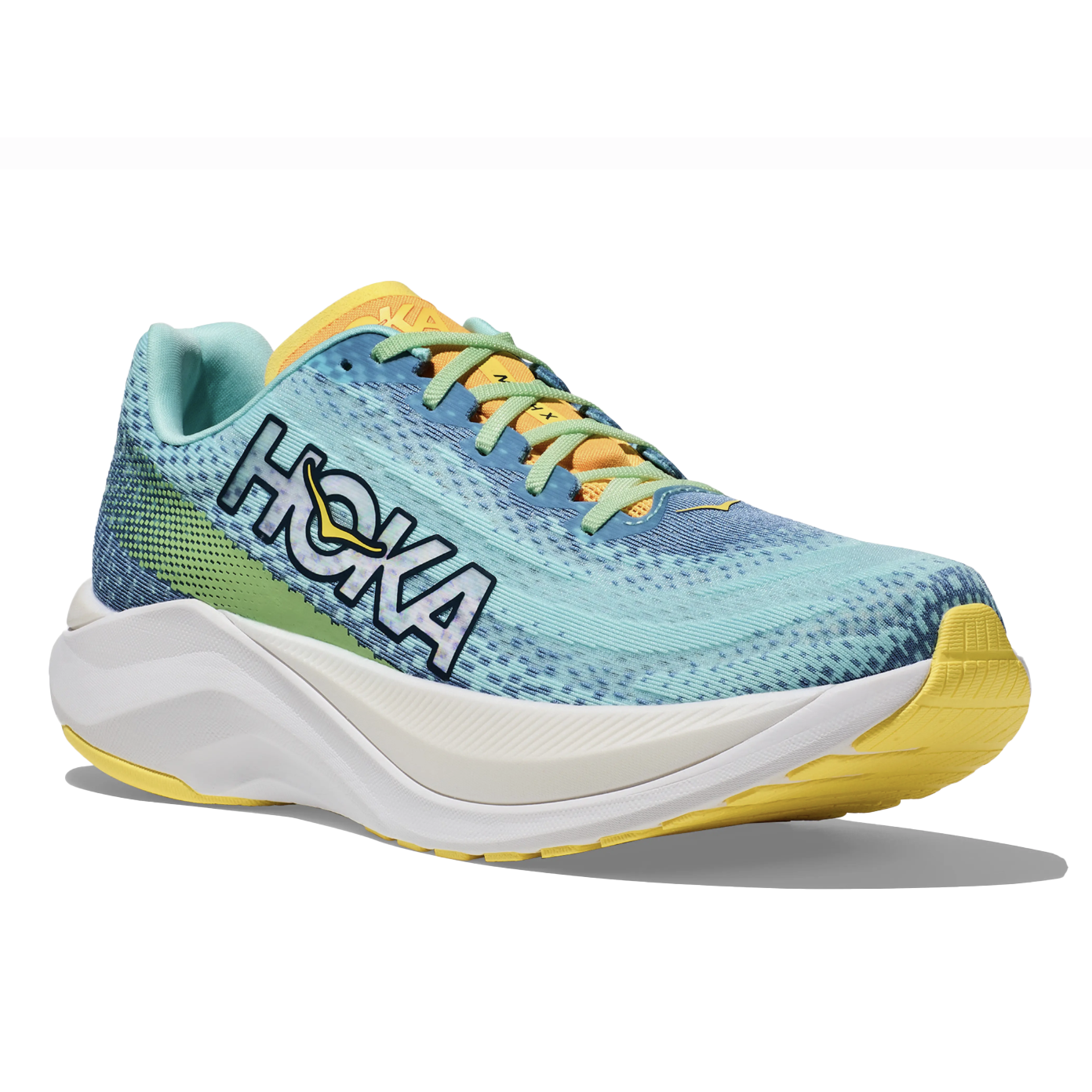 A blue and yellow Hoka running shoe with a cushioned white sole, featuring a large logo on the side and a sleek, sporty design.