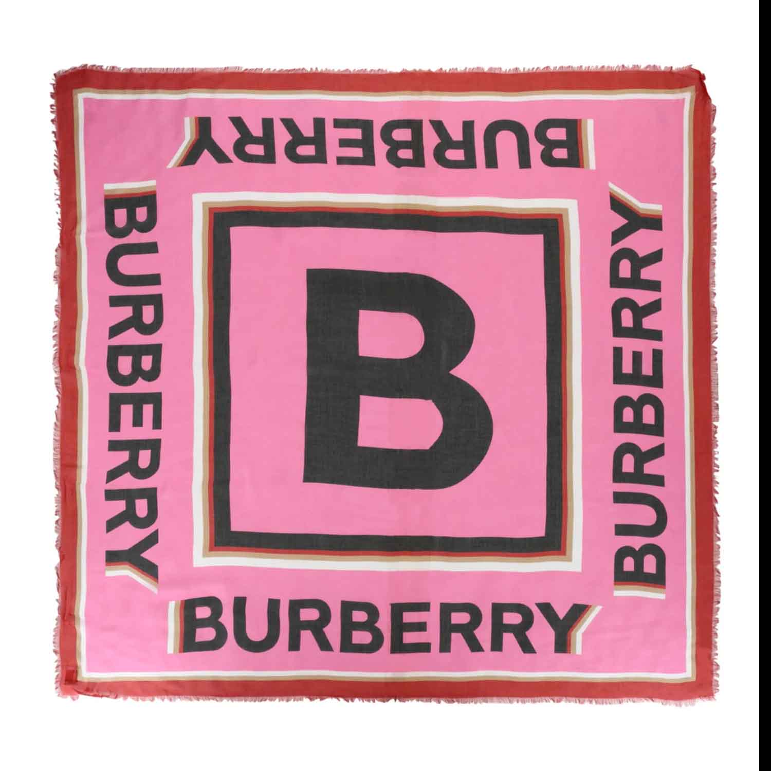 Pink square scarf featuring a large central \“B\“ with \“BURBERRY\“ repeated along the borders in black, accented with a red and white trim.