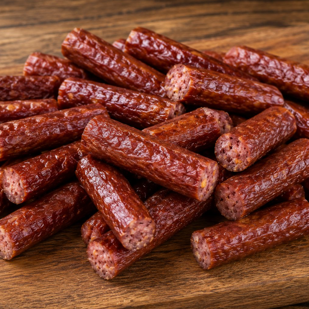 A pile of dry, cured sausage sticks is displayed on a wooden cutting board.