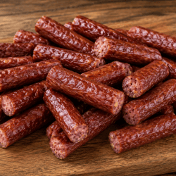 A pile of dry, cured sausage sticks is displayed on a wooden cutting board.
