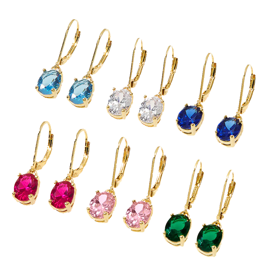A set of gold-tone leverback earrings with oval gemstones in various colors: light blue, clear, dark blue, red, pink, and green.