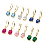 A set of gold-tone leverback earrings with oval gemstones in various colors: light blue, clear, dark blue, red, pink, and green.