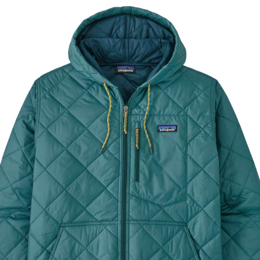A teal quilted hoodie with a zip front and yellow drawstrings, featuring a Patagonia logo on the chest pocket.