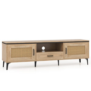 The Hivvago Entertainment Center is a wooden media unit featuring two rattan-front cabinets, a central open shelf with a circular cable hole, and a drawer. The piece stands on sleek black legs, offering a natural, modern style.