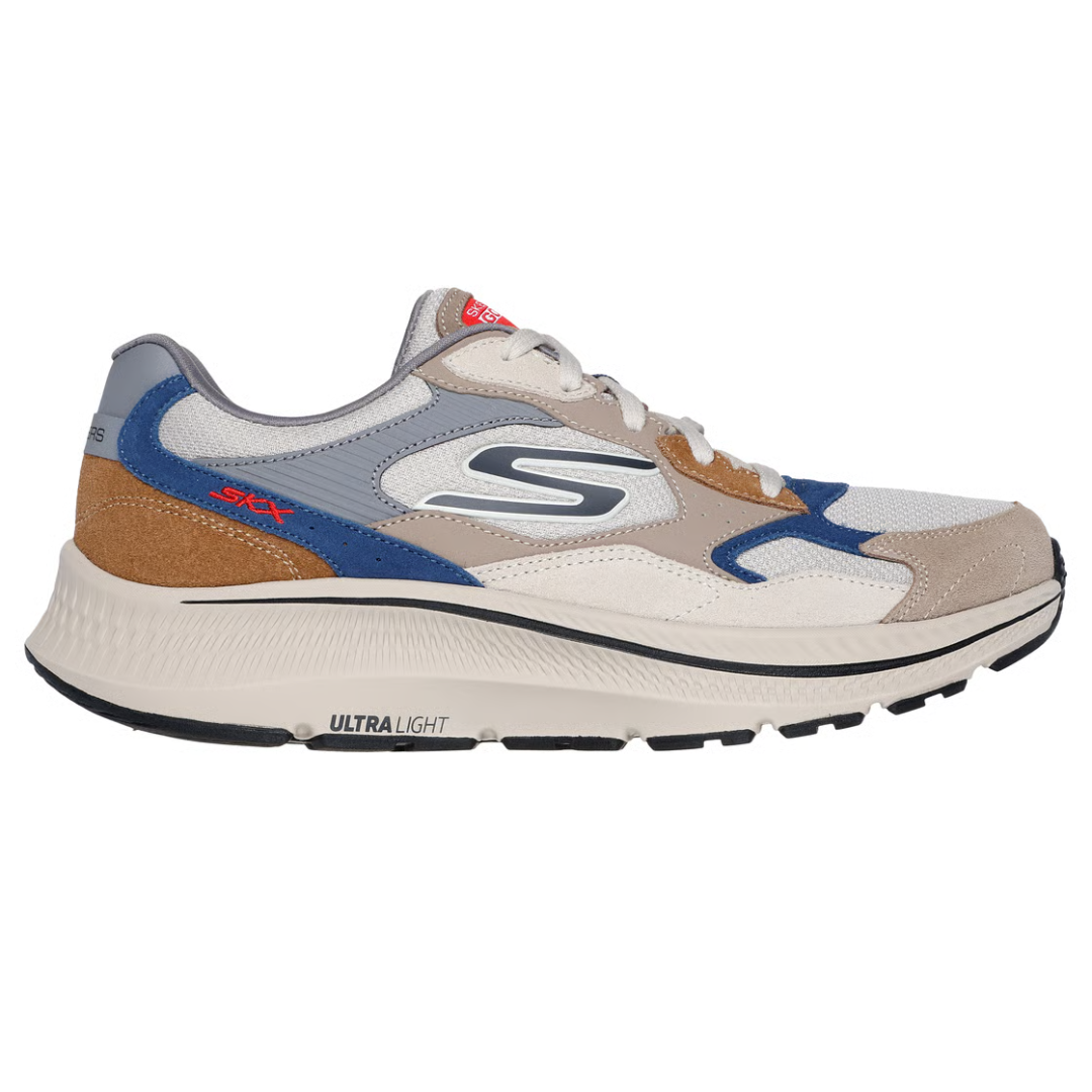 Skechers sneaker featuring a mix of beige, blue, gray, and brown with an \“S\“ logo, ULTRA LIGHT midsole, and SXK branding on the side.