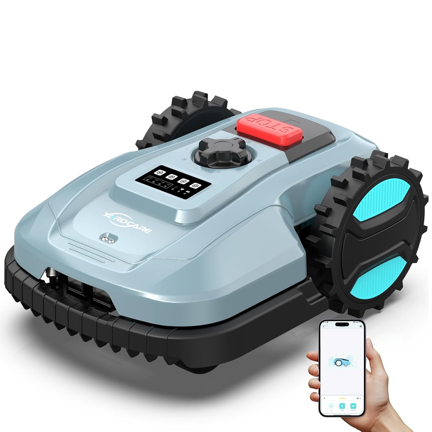 Robotic lawn mower with rugged wheels, digital display, and a large stop button, shown alongside a smartphone app for remote control.