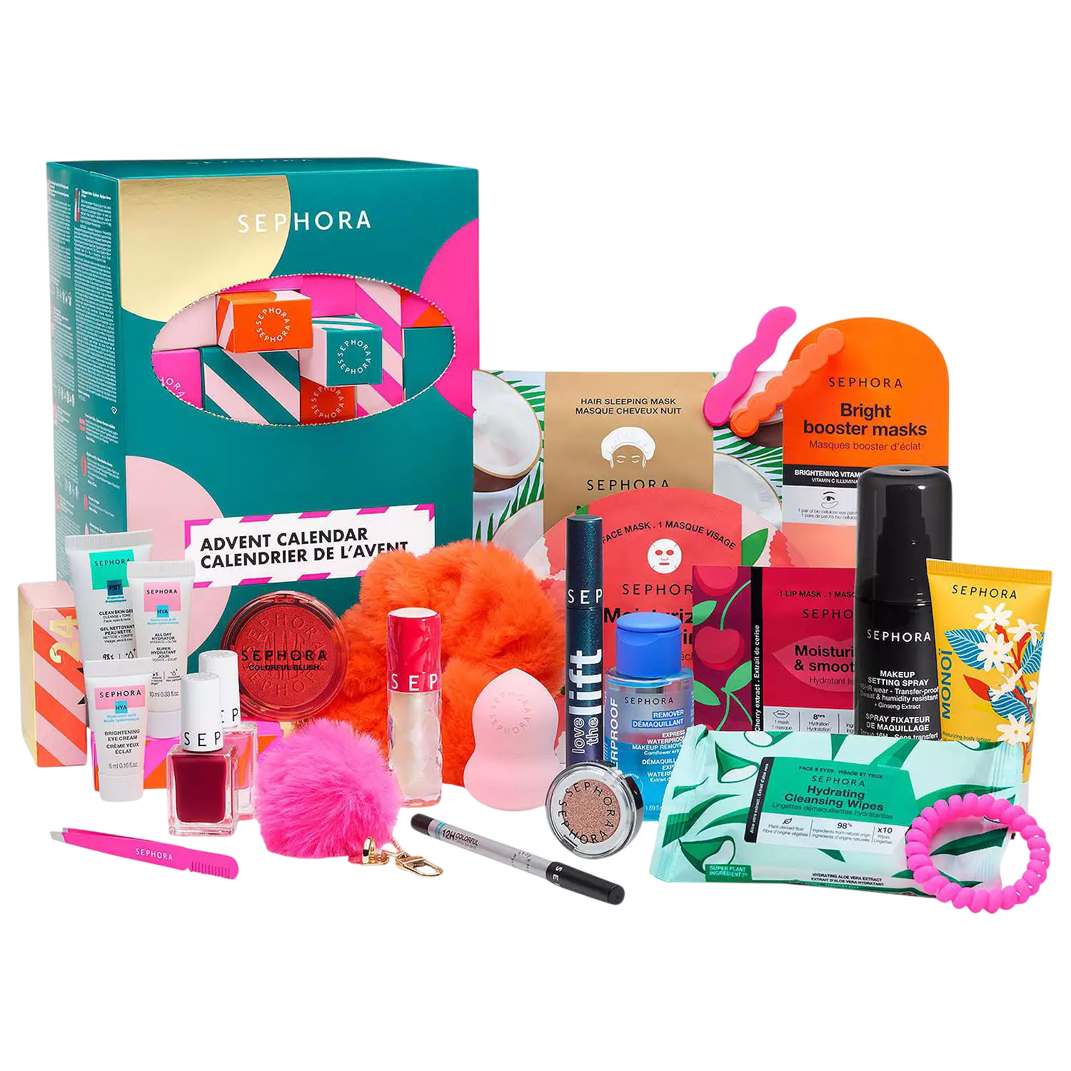 Sephora Advent Calendar with assorted beauty products includes masks, makeup wipes, lipstick, nail polish, sponge, setting spray, eyeliner, eyeshadow, and hair accessories.