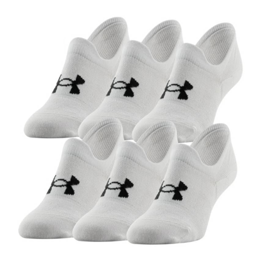 Six pairs of white ankle socks with a black logo on each cuff.