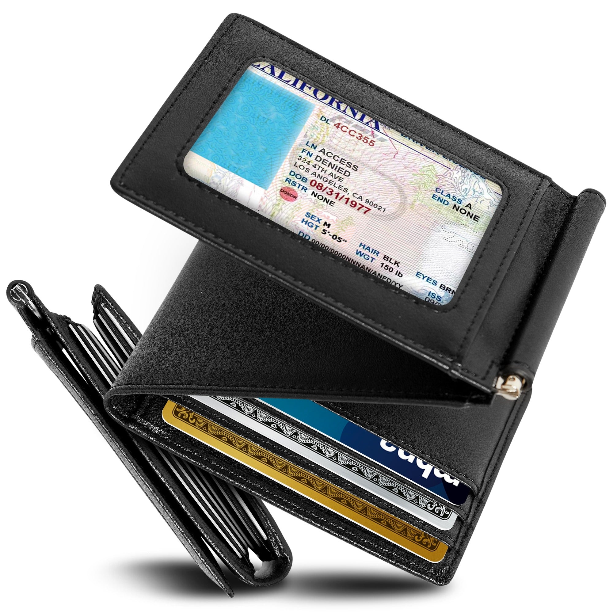 A black leather trifold wallet with a visible California driver's license and multiple card slots containing various credit and membership cards.