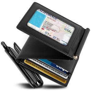 A black leather trifold wallet with a visible California driver's license and multiple card slots containing various credit and membership cards.