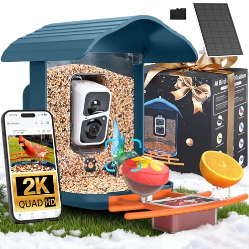 Bird feeder with a built-in 2K camera for birdwatching, a mobile app for live streaming, a solar panel for power, and a feeding station including a fruit holder.