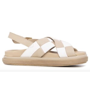 Alohas Marshmallow Leather Sandals feature a woven design with beige and white straps, a slingback closure, and a cushioned beige sole for comfort.