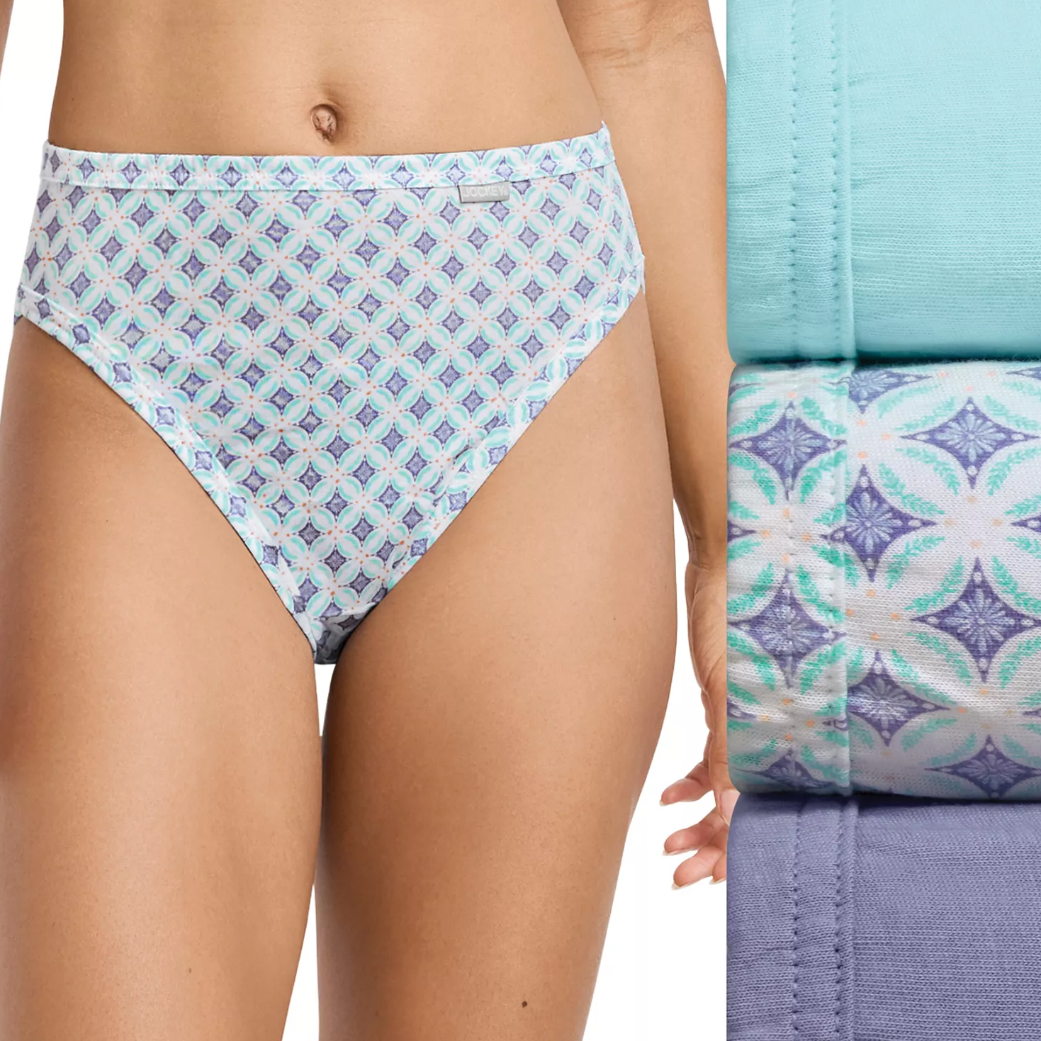 A high-waisted patterned panty is displayed alongside fabric swatches in solid teal, patterned, and solid purple.