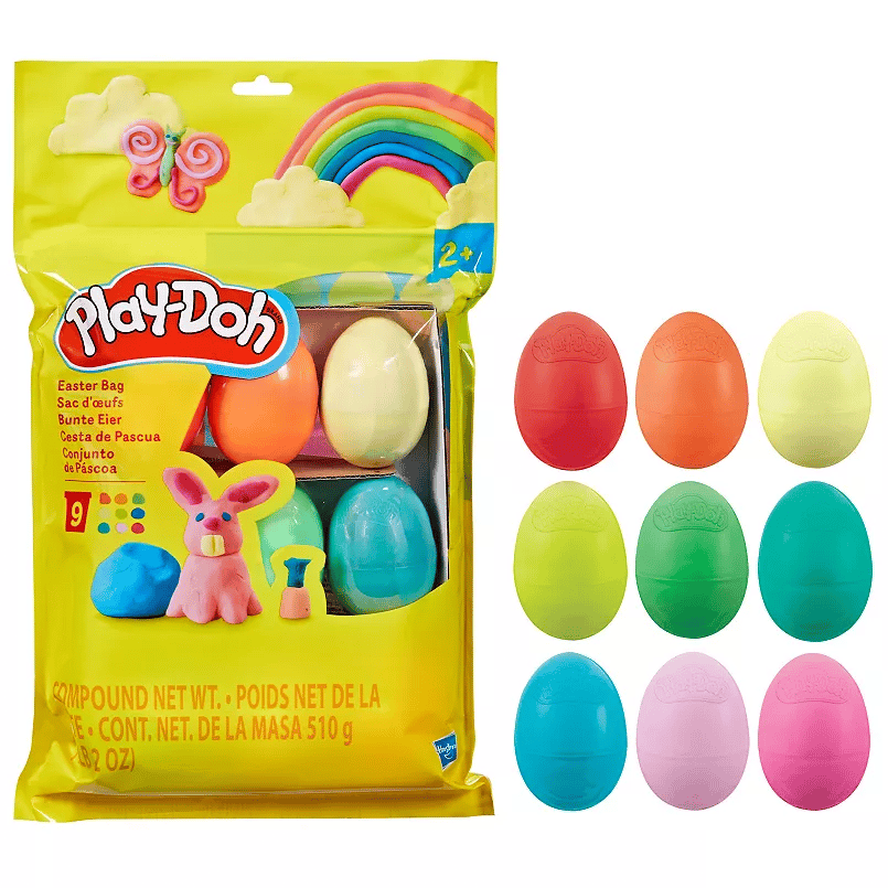 Play-Doh Easter Bag features 9 colorful egg-shaped containers of modeling compound for ages 2 and up, including a variety of vibrant colors.