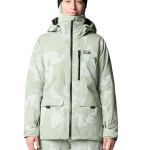 A light green and white camouflage-patterned jacket with a hood, featuring the \“Mountain Hardwear\“ logo, worn by a person with a black beanie.