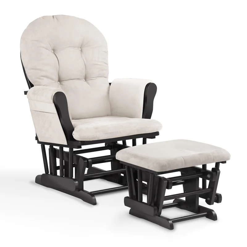 A beige upholstered glider recliner with a matching ottoman, featuring a black wooden frame and cushioned seating for comfort.