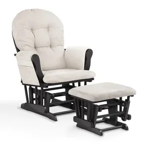 A beige upholstered glider recliner with a matching ottoman, featuring a black wooden frame and cushioned seating for comfort.