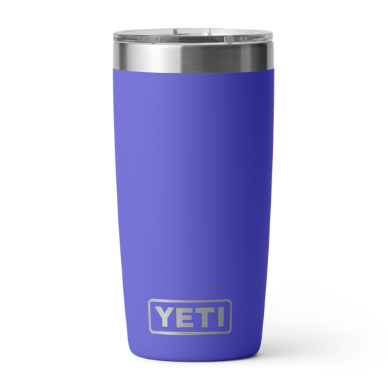 A blue YETI tumbler with a stainless steel lid.